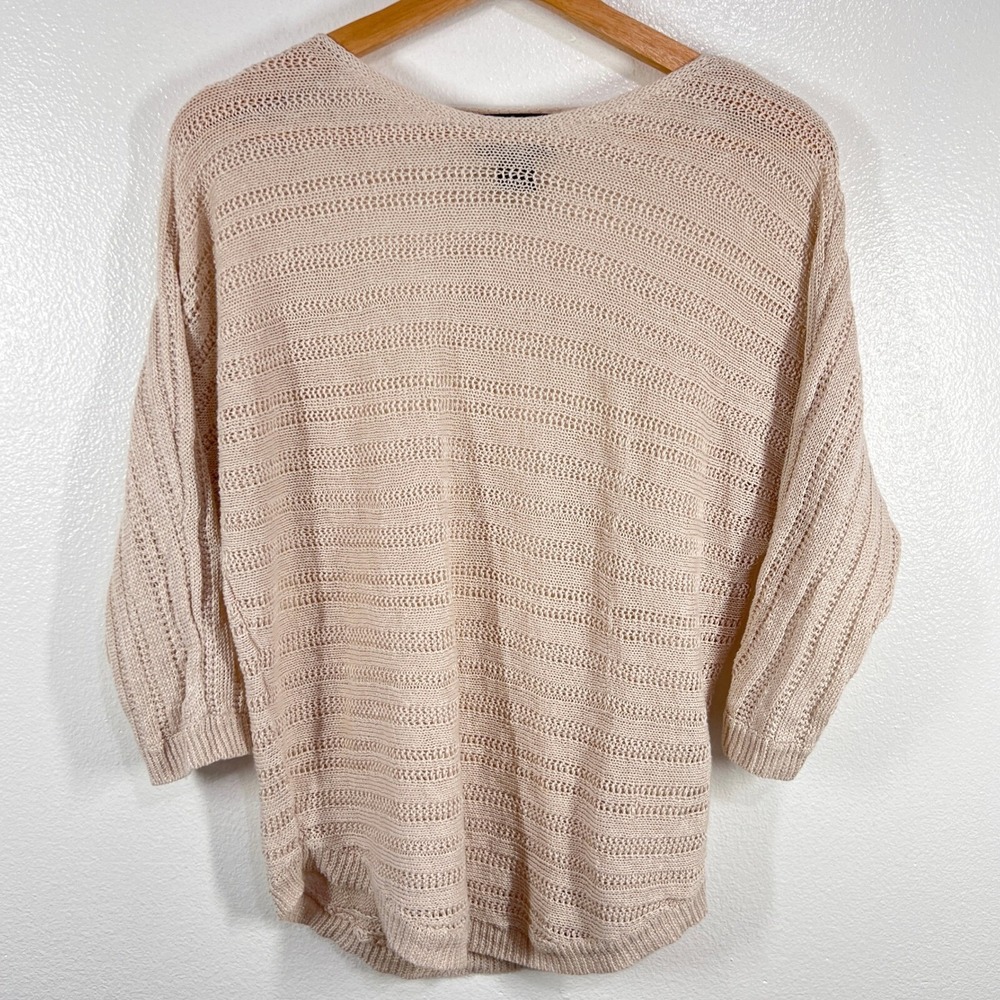 Tahari Open Knit Sweater Womens Small Blush Pink 100% Linen Dolman Boho Coastal